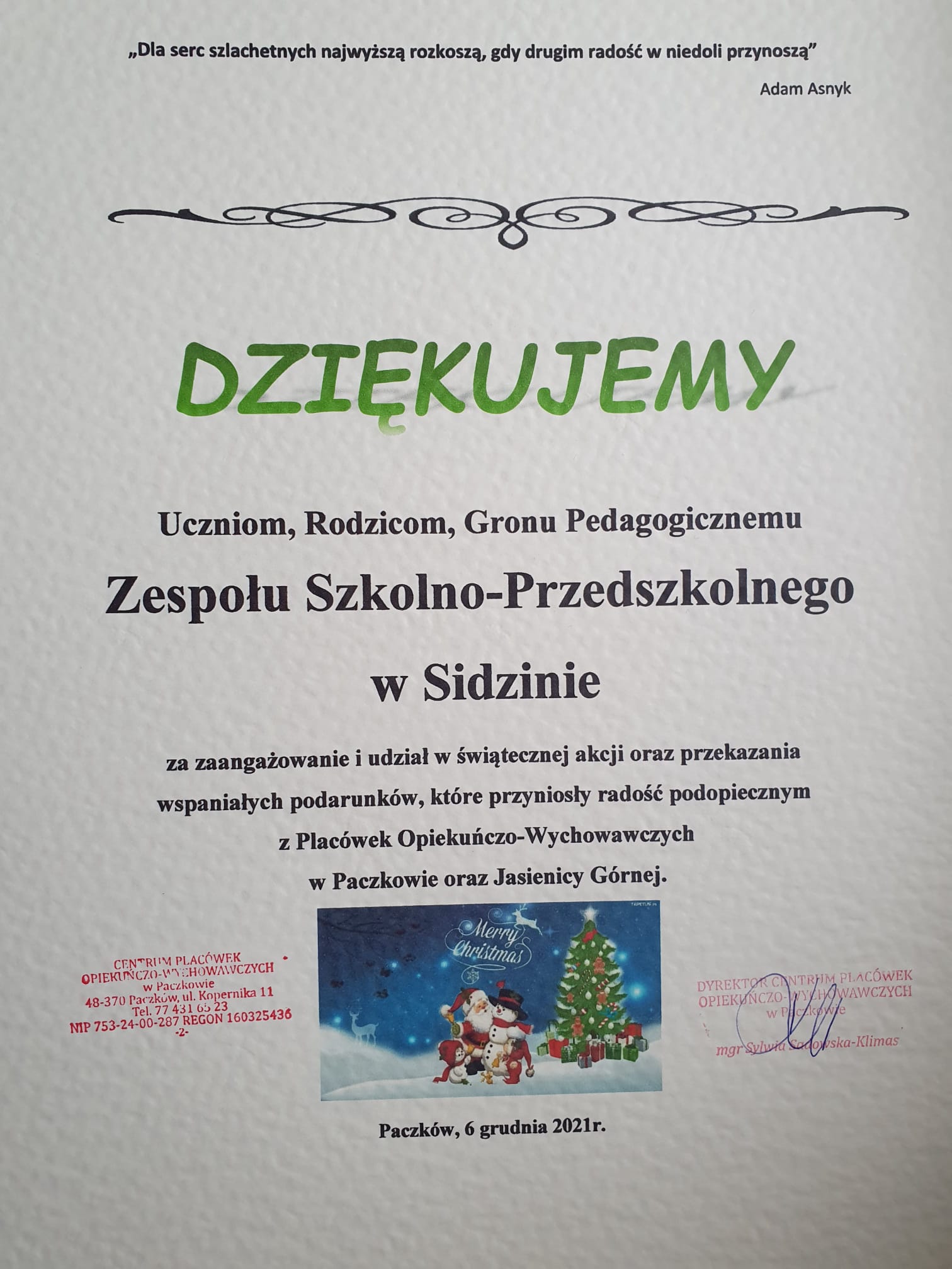 Akcja charytatywna” Mikołajkowa paczka” na rzecz wychowanków Domu Dziecka w Jasienicy Górnej i Paczkowie